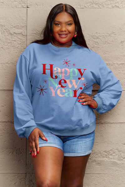 Simply Love Full Size HAPPY NEW YEAR Round Neck Sweatshirt Misty Blue