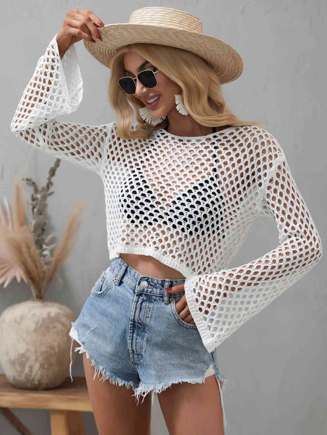 Openwork Flare Sleeve Cropped Cover Up White