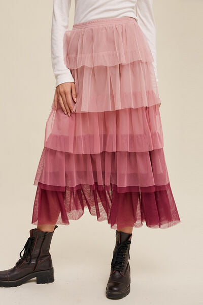 Elastic Waist Layered Tulle Midi Skirt Dusty Pink