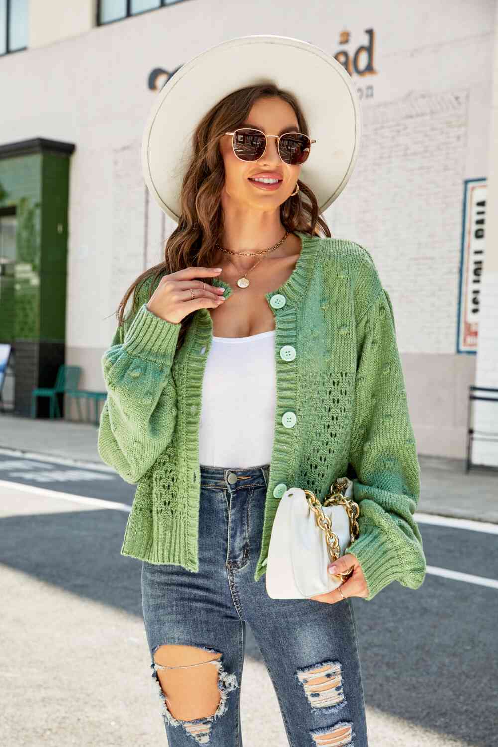 Woven Right Openwork Pompom Puff Sleeve Cardigan Green