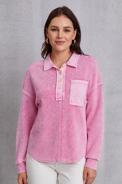 Quarter Button Dropped Shoulder Sweatshirt Blush Pink