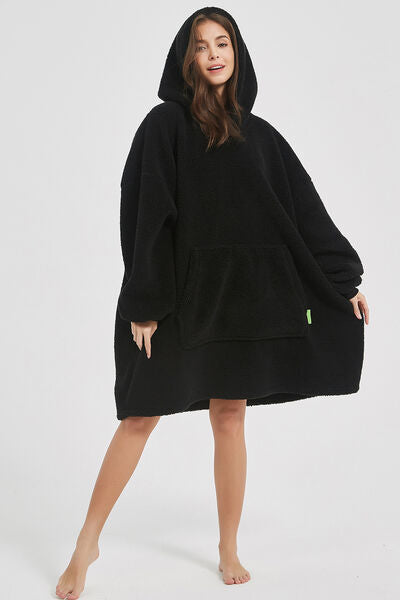 Lantern Sleeve Oversized Hooded Fuzzy Lounge Dress Black One Size