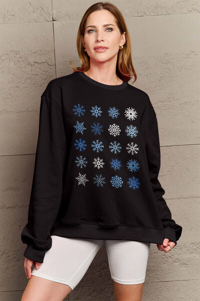 Simply Love Full Size Snowflakes Round Neck Sweatshirt Black