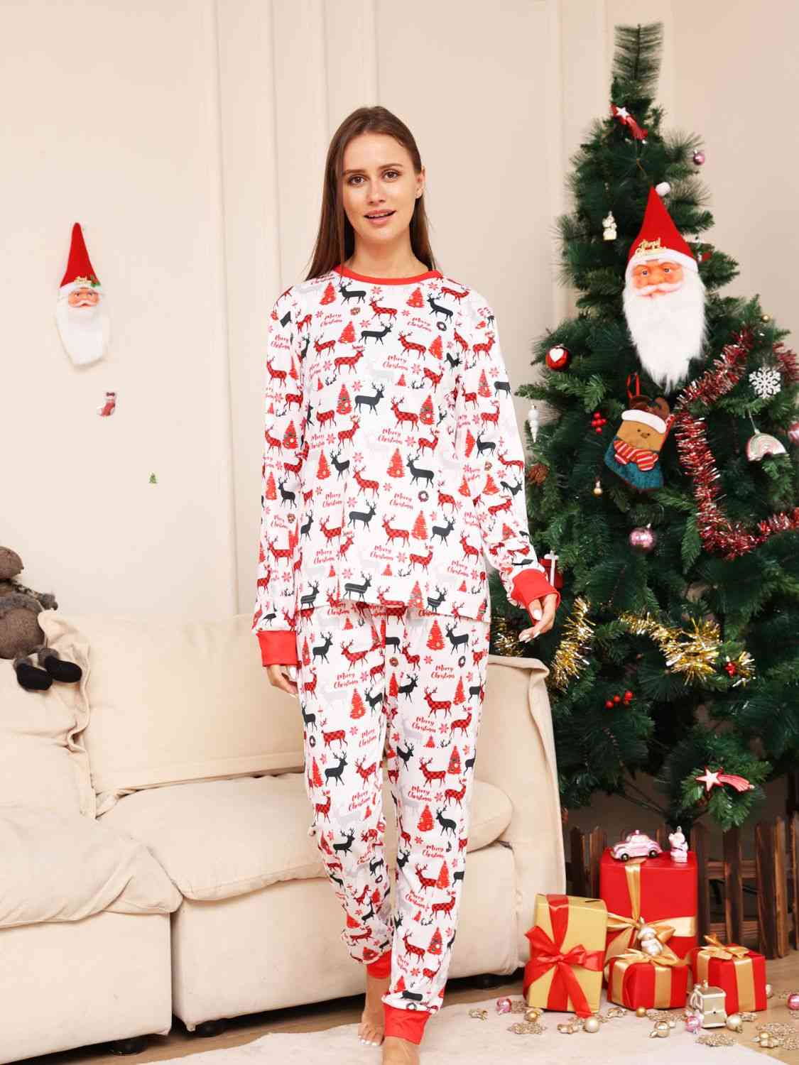 Full Size Reindeer Print Top and Pants Set Red