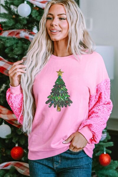 Christmas Tree Sequin Round Neck Sweatshirt Carnation Pink