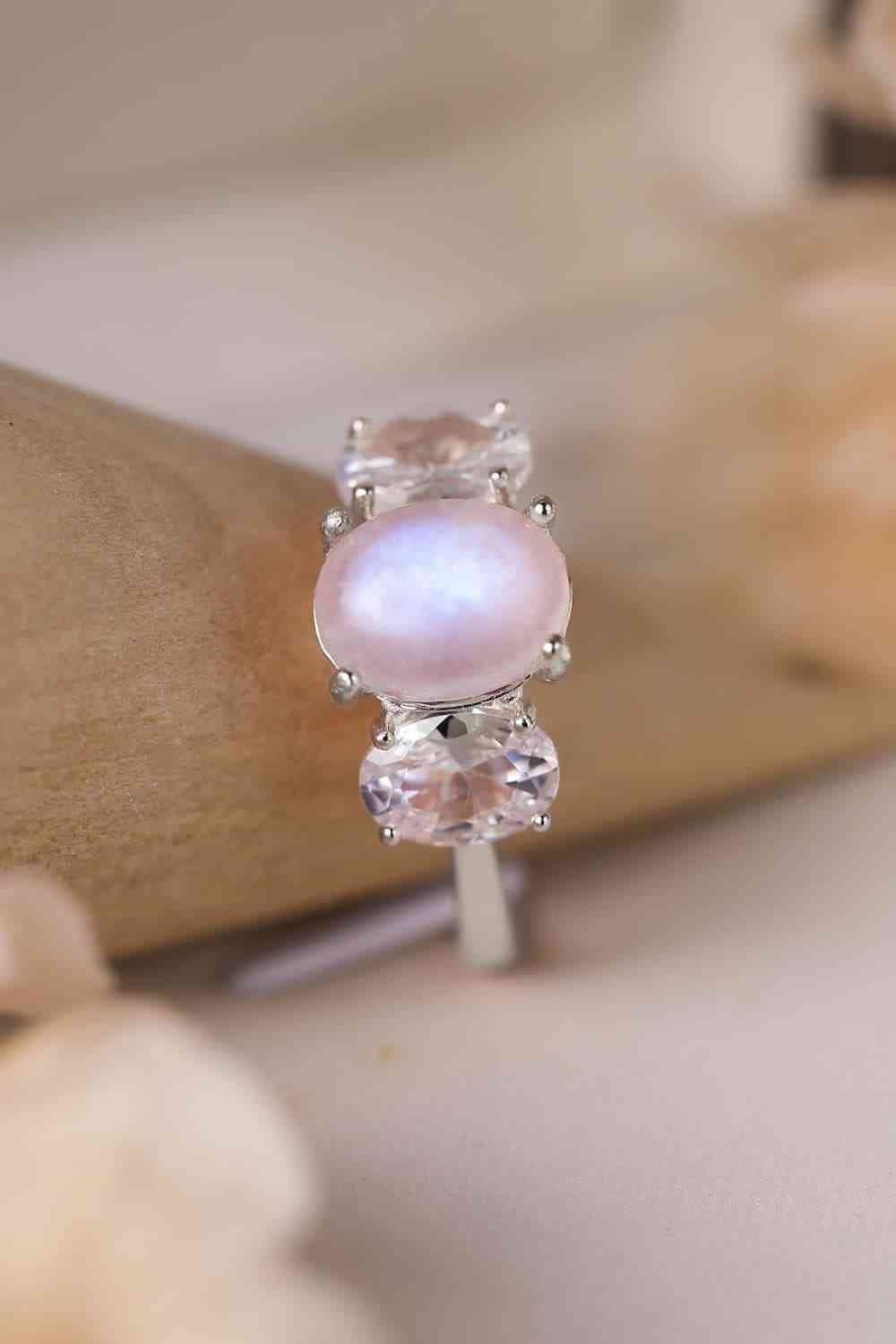 High Quality Natural Moonstone 925 Sterling Silver Three Stone Ring Silver