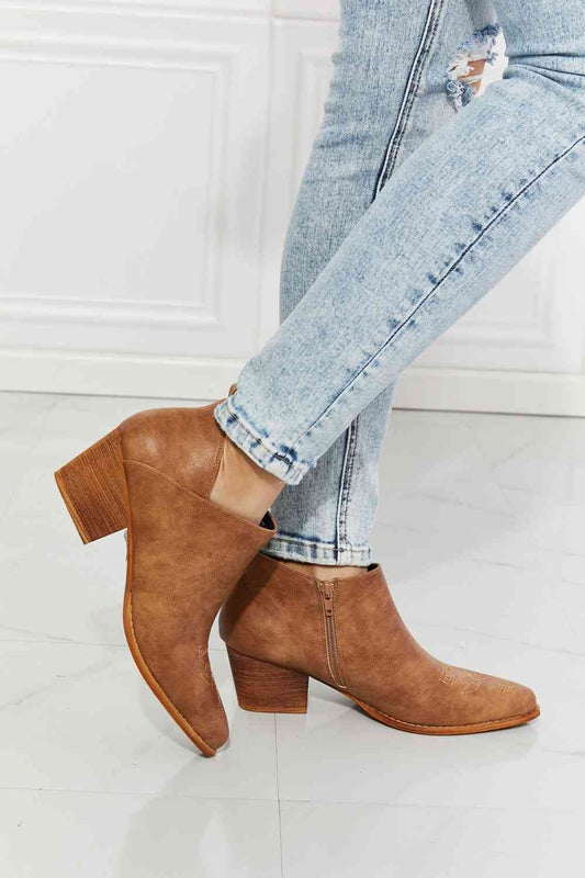 MMShoes Trust Yourself Embroidered Crossover Cowboy Bootie in Caramel Caramel