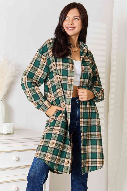 Double Take Plaid Collared Neck Long Sleeve Shirt Green