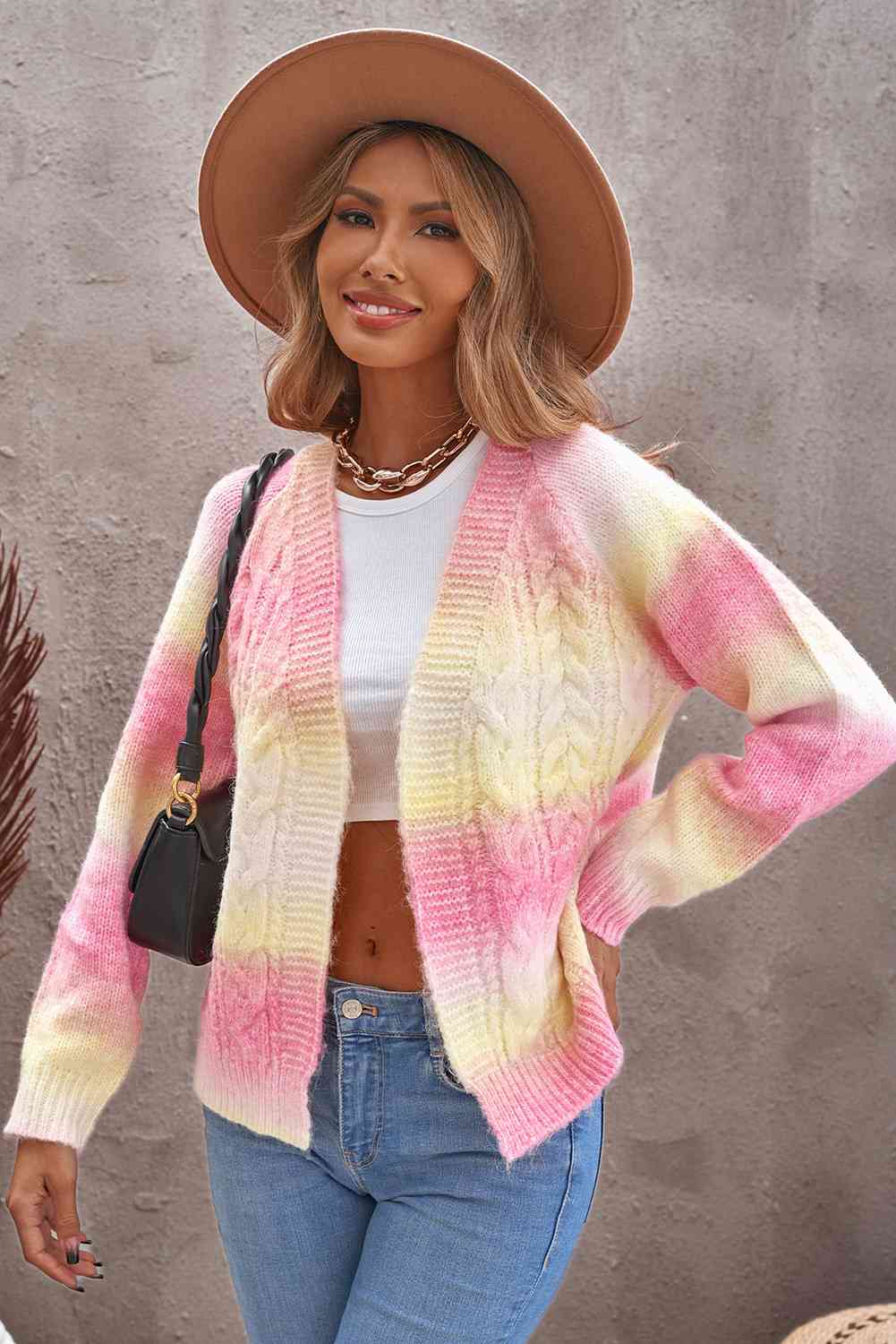Woven Right Tie-Dye Cable-Knit Raglan Sleeve Open Front Cardigan Pink/Yellow