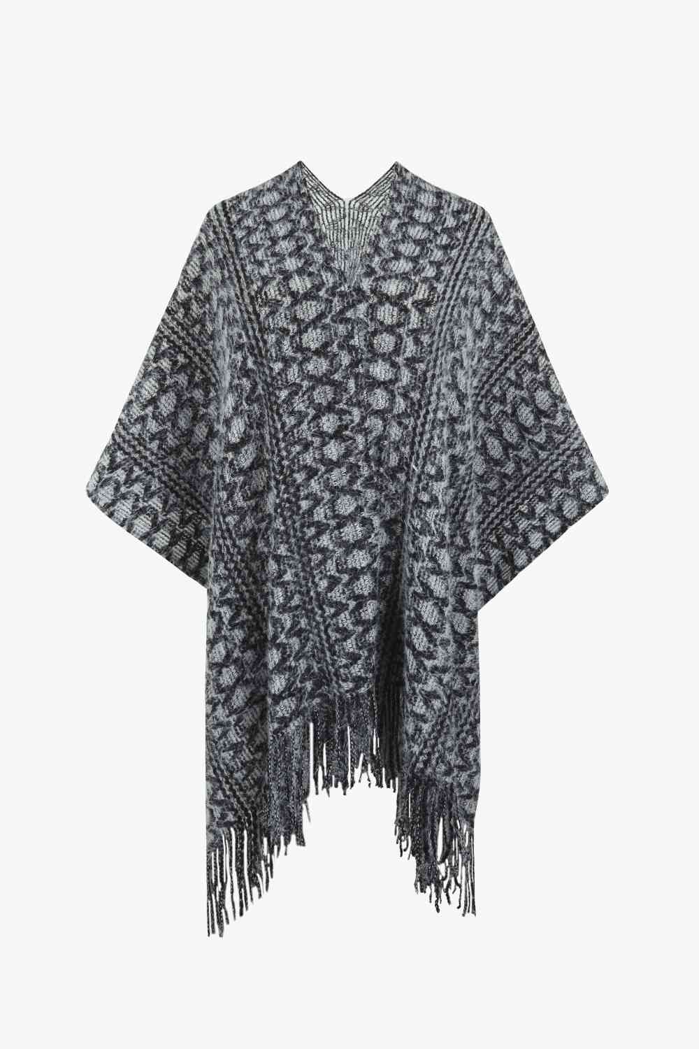 Open Front Fringe Hem Poncho Black One Size