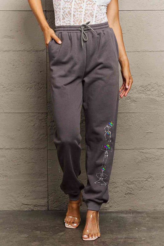 Simply Love Full Size SKELETON Graphic Sweatpants Charcoal