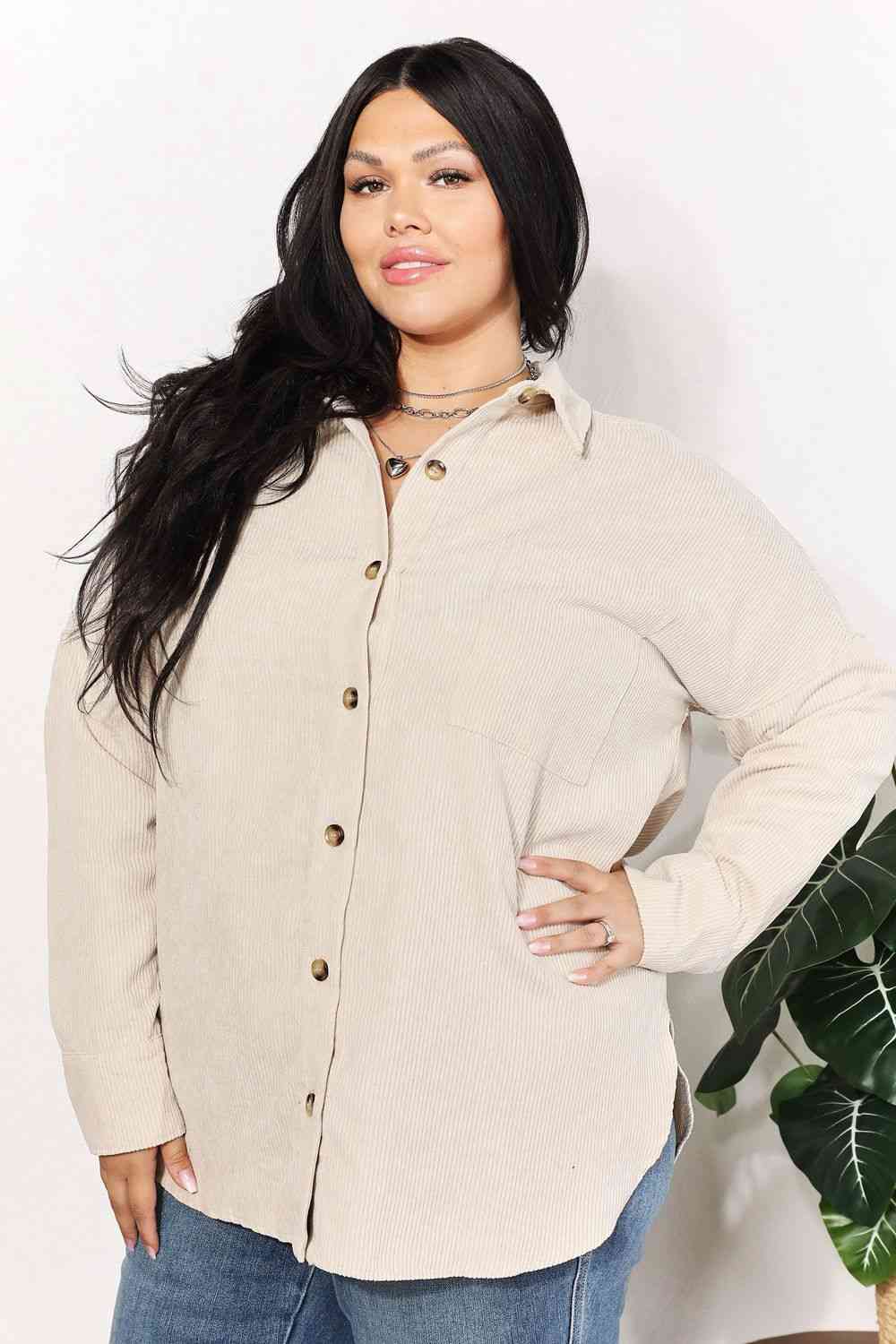 HEYSON Full Size Oversized Corduroy Button-Down Tunic Shirt with Bust Pocket Cream