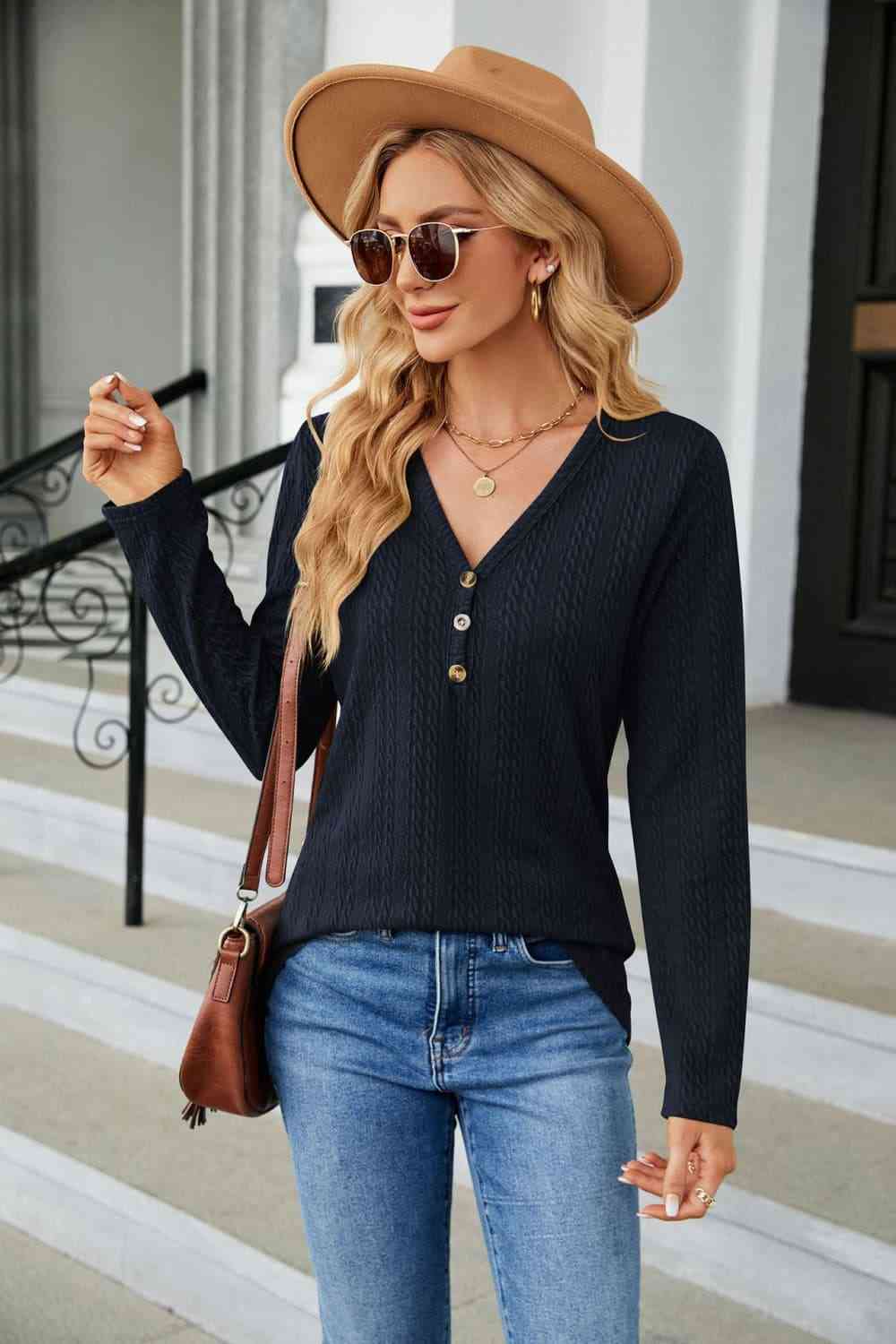 Cable-Knit Long Sleeve V-Neck T-Shirt