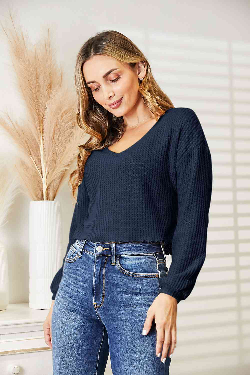 Full Size Waffle-Knit V-Neck Blouse Peacock Blue