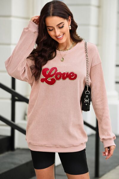 LOVE Round Neck Dropped Shoulder Sweatshirt Pale Blush