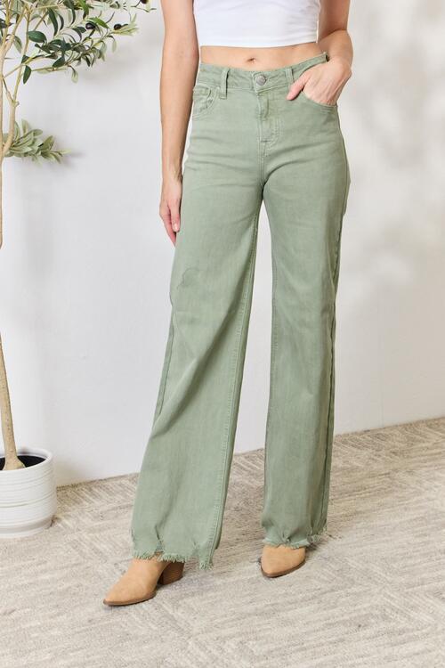 RISEN Full Size Raw Hem Wide-Leg Jeans Sage