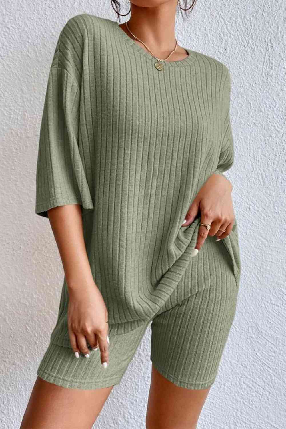 Round Neck Ribbed Top and Shorts Lounge Set Sage
