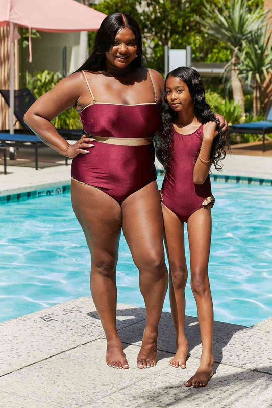 Marina West Swim Wave Break Contrast Trim One-Piece in Wine Wine