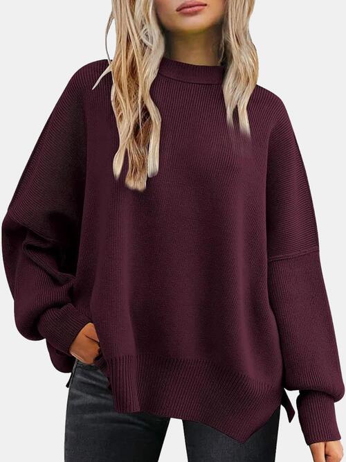 Round Neck Drop Shoulder Slit Sweater Wine