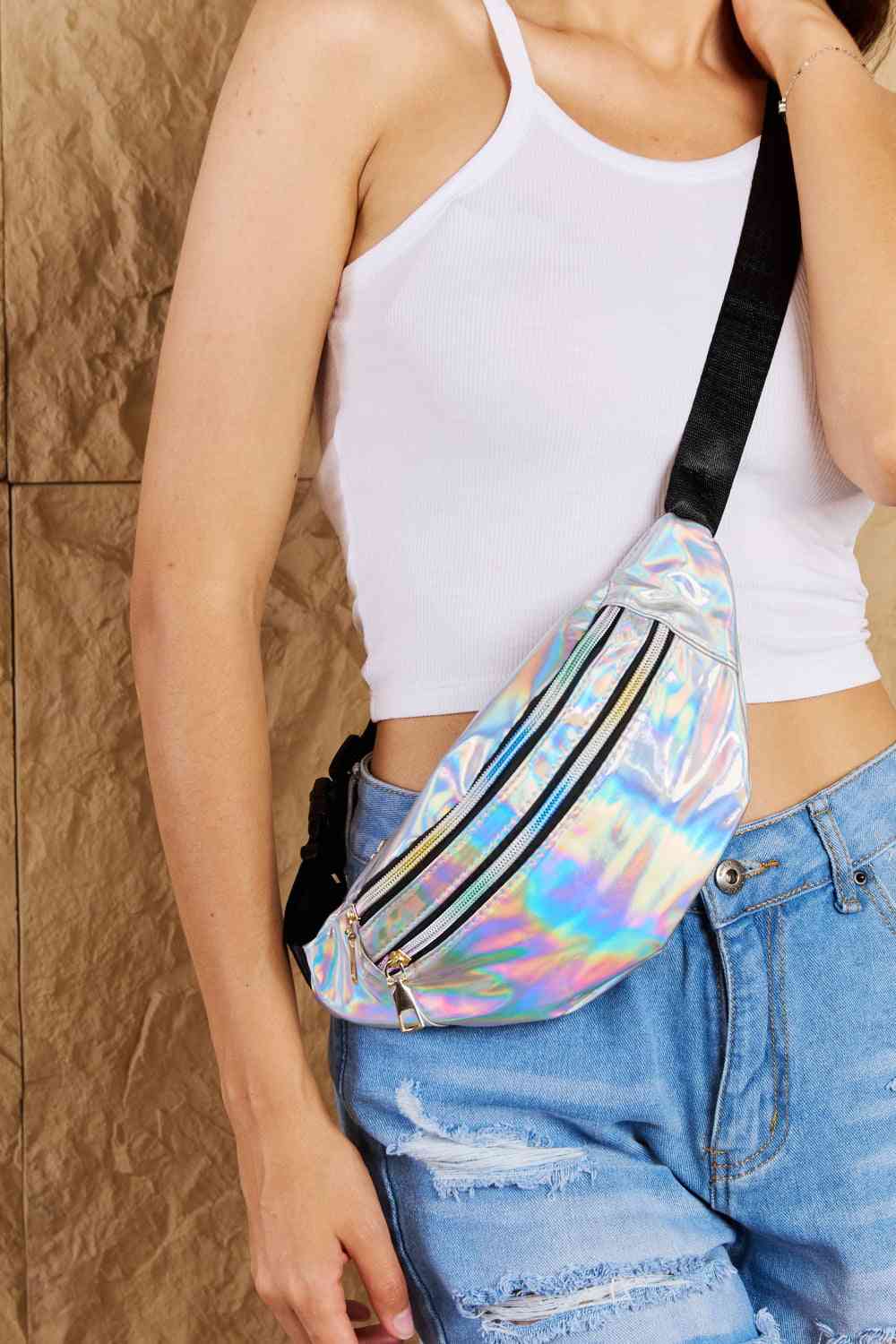 Fame Good Vibrations Holographic Double Zipper Fanny Pack in Silver Silver One Size