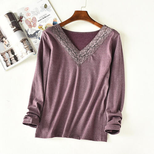 Lace Detail V-Neck Long Sleeve Lounge Top Moonlit Mauve