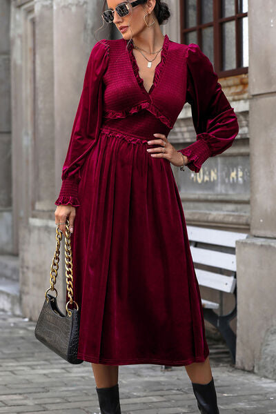 Smocked Lantern Sleeve Midi Dress Deep Rose