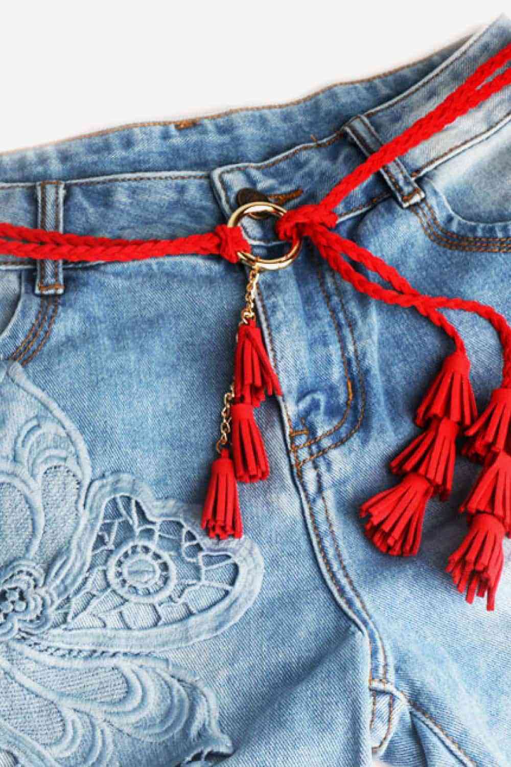 Braid Belt with Tassels Red One Size