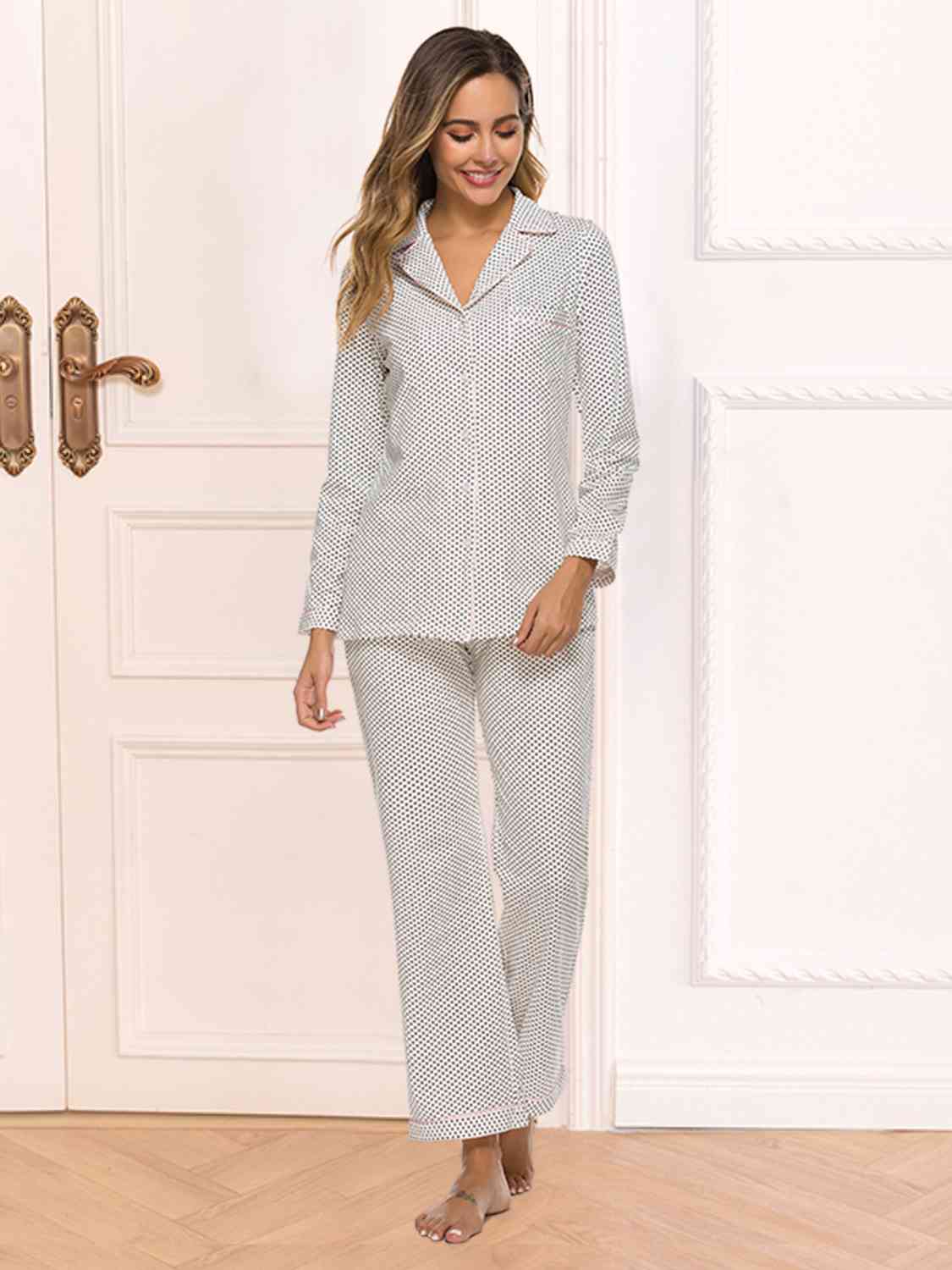 Collared Neck Loungewear Set with Pocket White