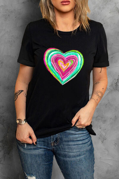 Heart Round Neck Short Sleeve T-Shirt Black
