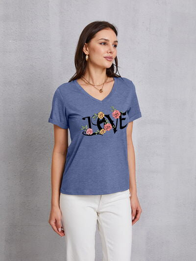 LOVE V-Neck Short Sleeve T-Shirt French Blue