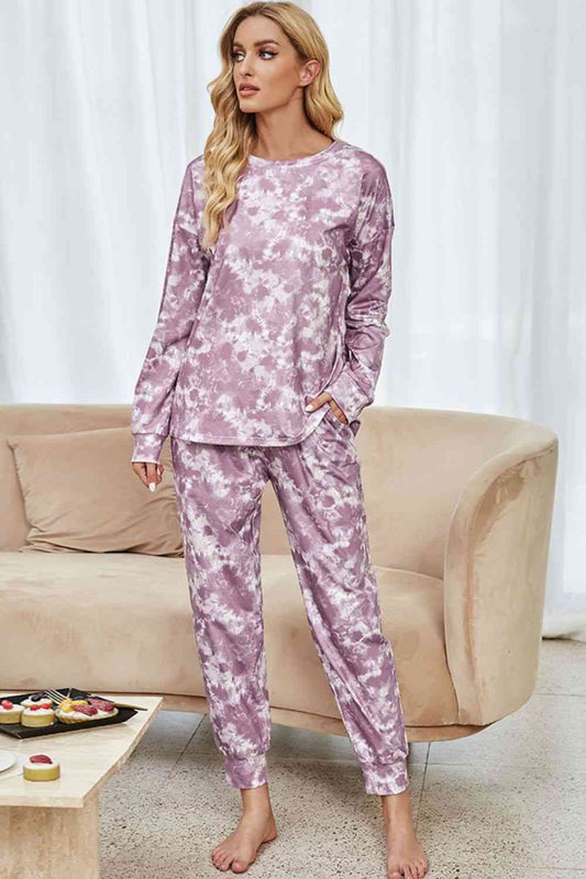 Tie-Dye Long Sleeve Top and Drawstring Joggers Lounge Set Lilac