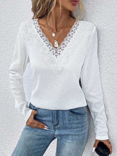 Waffle-Knit Lace Detail V-Neck Long Sleeve T-Shirt White