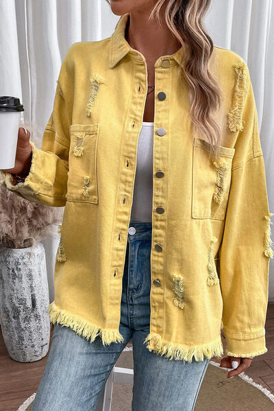 Distressed Button Up Raw Hem Denim Jacket True Yellow