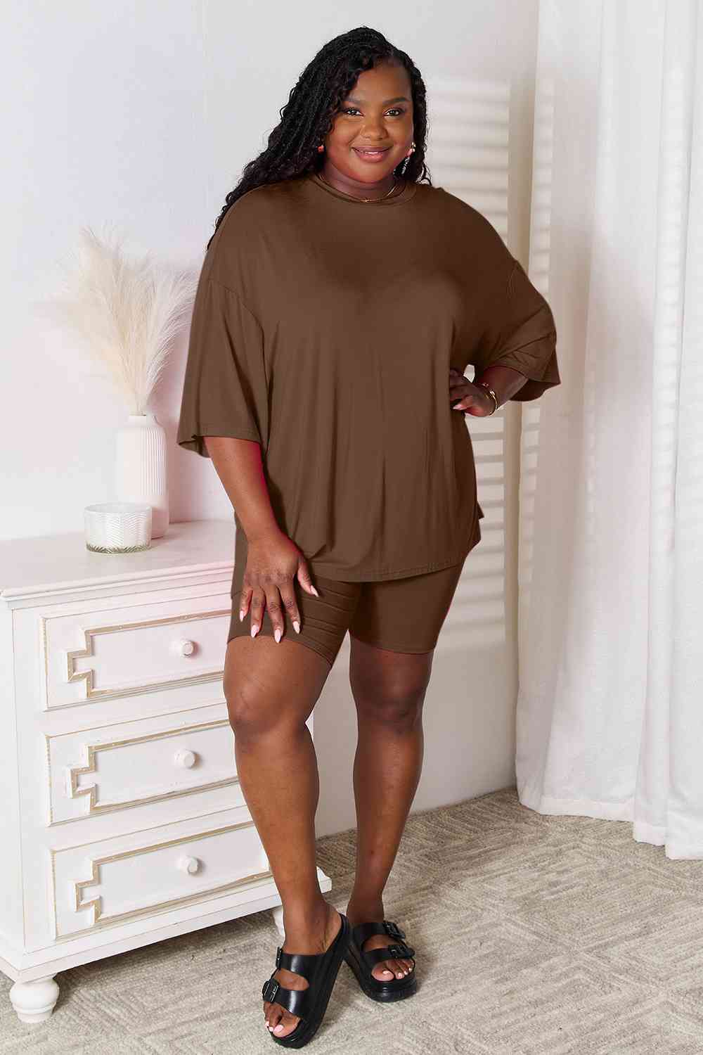 Basic Bae Full Size Soft Rayon Three-Quarter Sleeve Top and Shorts Set Chocolate