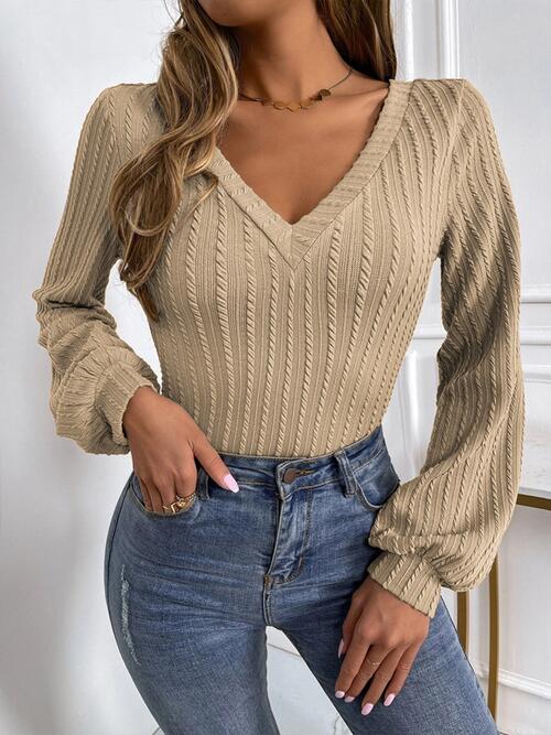 Cable-Knit V-Neck Long Sleeve Knit Top Tan