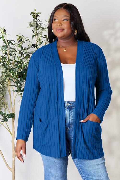 Basic Bae Full Size Ribbed Open Front Cardigan with Pockets Navy