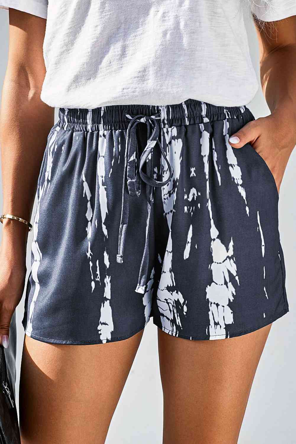 Tie-Dye Drawstring Waist Shorts with Pockets Gray