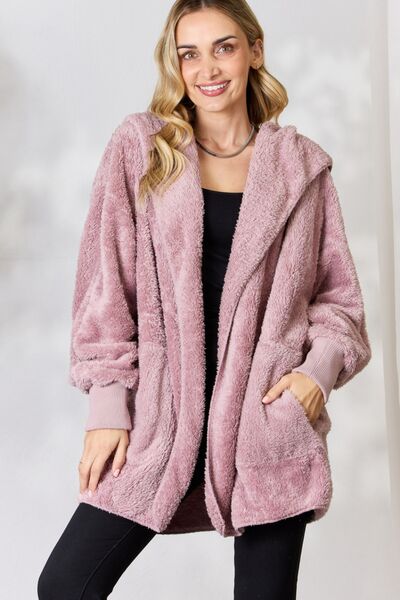 H&T Faux Fur Open Front Hooded Jacket DUSTY LILAC One Size