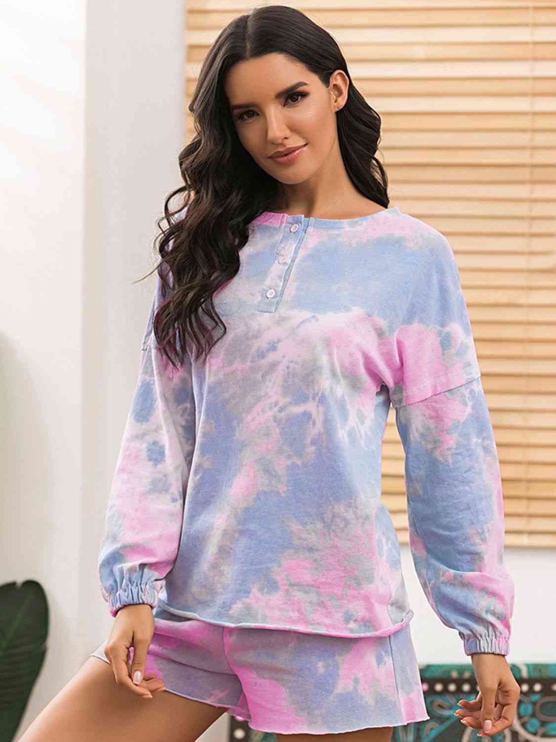 Tie-Dye Long Sleeve Top and Shorts Lounge Set Pink-Blue