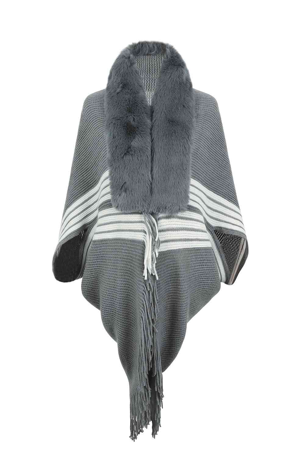 Striped Fringe Detail Long Sleeve Poncho Charcoal One Size