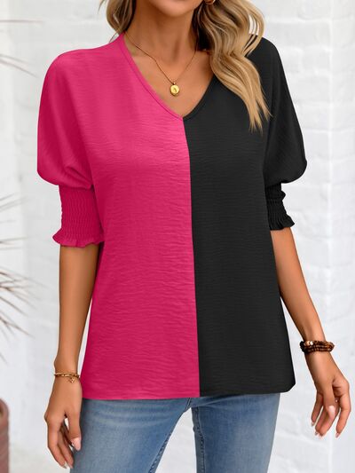 Contrast V-Neck Lantern Sleeve Blouse Fuchsia Pink