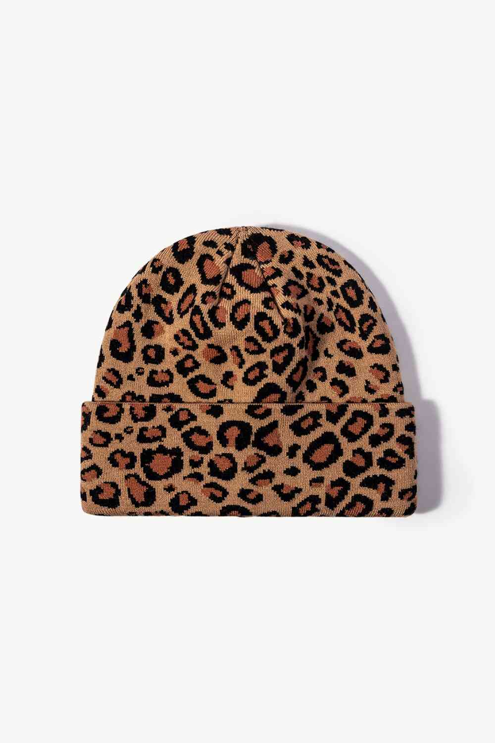 Leopard Pattern Cuffed Beanie Brown One Size