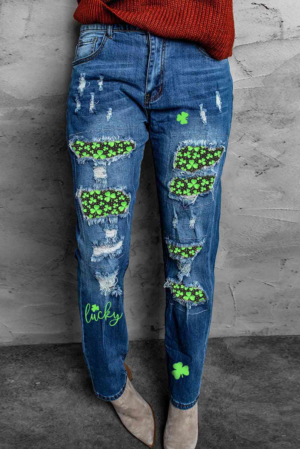Baeful Printed Patch Distressed Boyfriend Jeans Light/Green