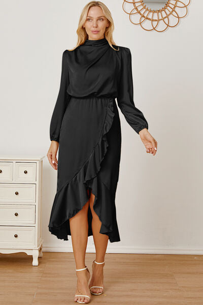 Mock Neck Ruffled Asymmetrical Dress Black