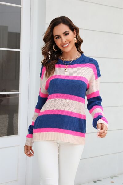 Color Block Round Neck Dropped Shoulder Sweater