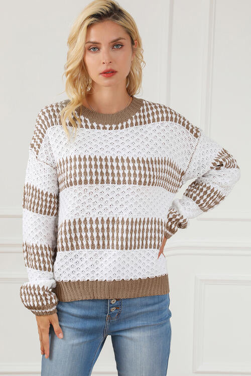 Striped Round Neck Long Sleeve Knit Top Mocha