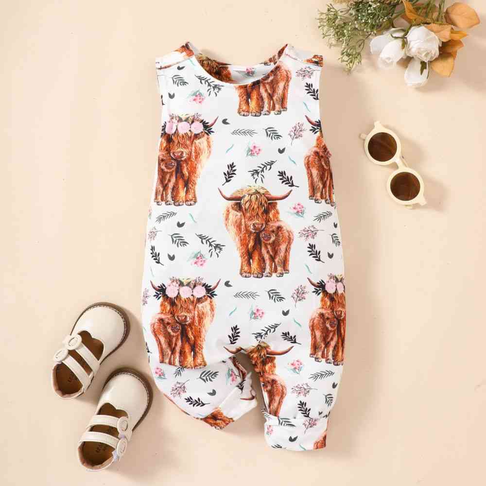 Baby Animal Print Round Neck Sleeveless Jumpsuit White