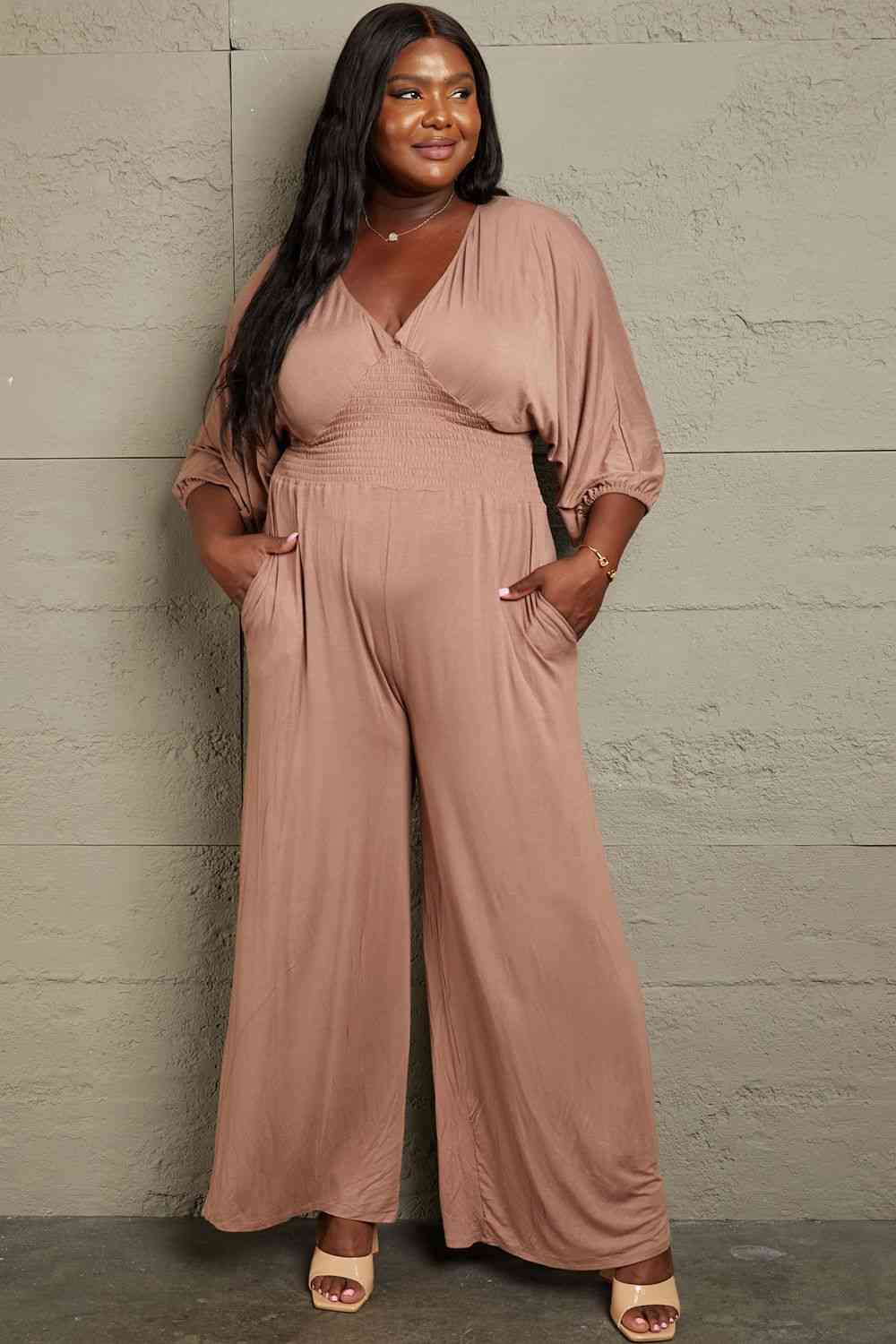 Culture Code Full Size Smocking Waist Jumpsuit Mocha