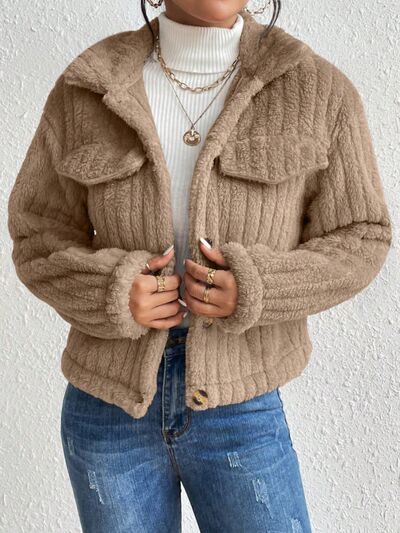 Fuzzy Button Up Collared Neck Jacket Camel