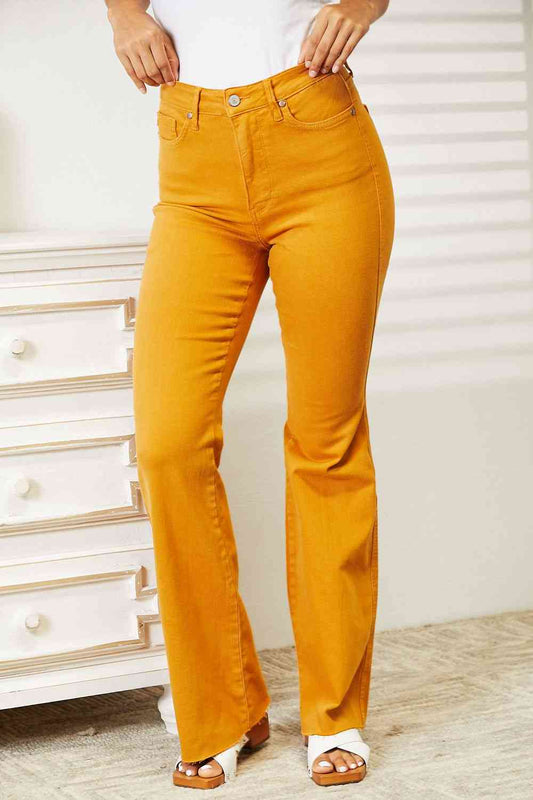 Judy Blue Full Size High Waist Tummy Control Garment Dyed Flare Jeans Mustard